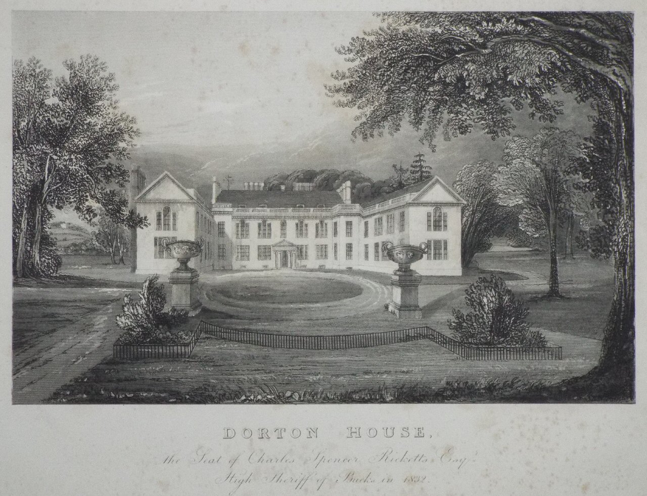 Aquatint - Dorton House, the Seat of Charles Spencer Ricketts Esqr. High Sheriff of Bucks in 1832.